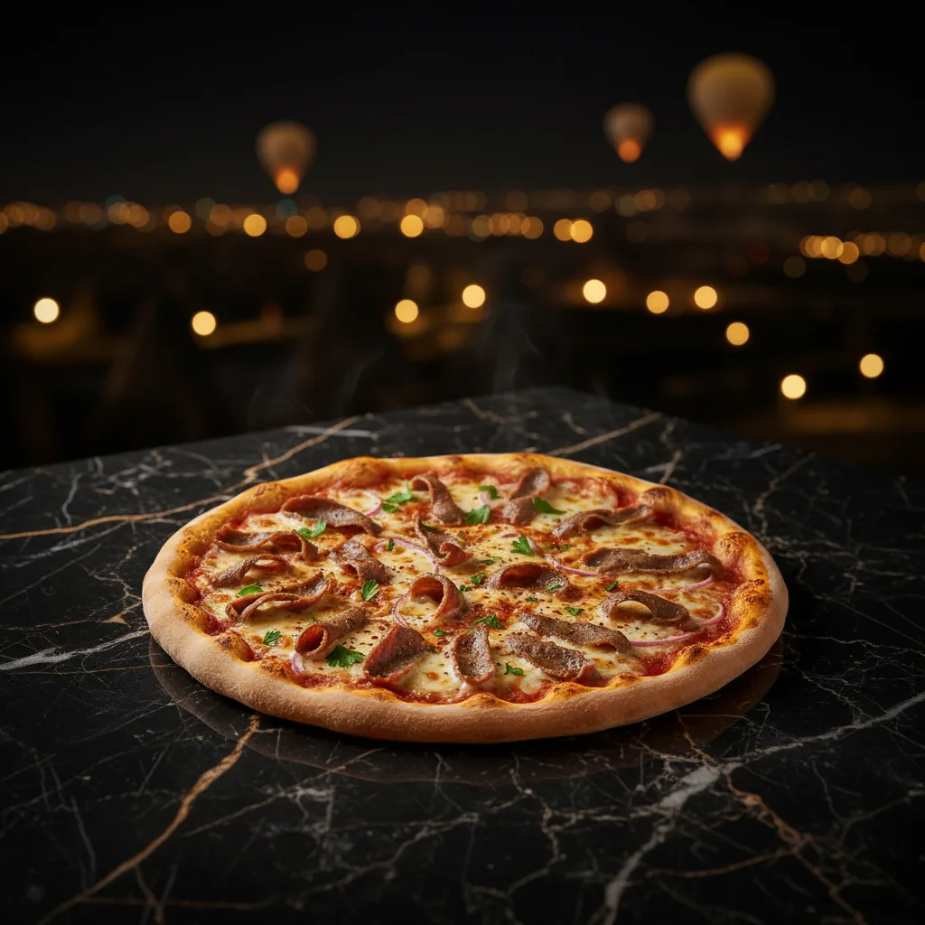 Pizza Kebab — mozzarella, viande kebab, oignons rouges